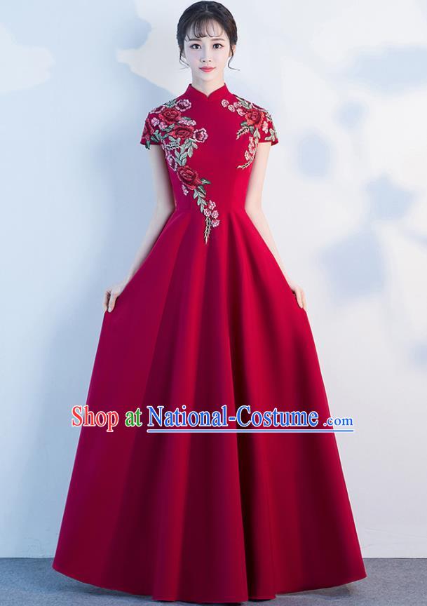 Top Grade Compere Embroidered Roses Wine Red Full Dress Annual Gala Stage Show Chorus Costume for Women