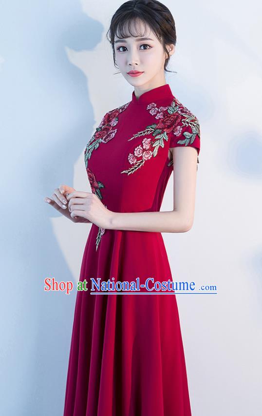 Top Grade Compere Embroidered Roses Wine Red Full Dress Annual Gala Stage Show Chorus Costume for Women