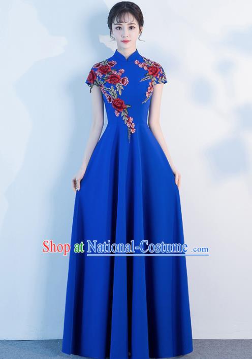 Top Grade Compere Embroidered Roses Royalblue Full Dress Annual Gala Stage Show Chorus Costume for Women