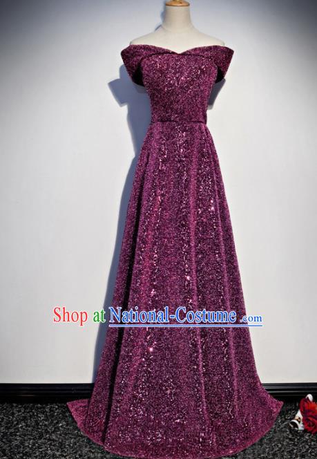 Top Grade Compere Purple Sequins Full Dress Annual Gala Stage Show Chorus Costume for Women