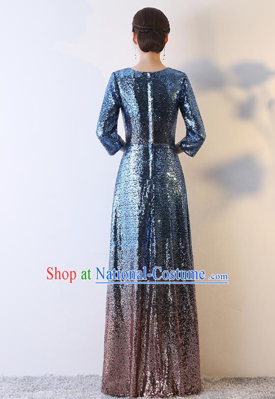 Top Grade Compere Blue Sequins Full Dress Annual Gala Stage Show Chorus Costume for Women