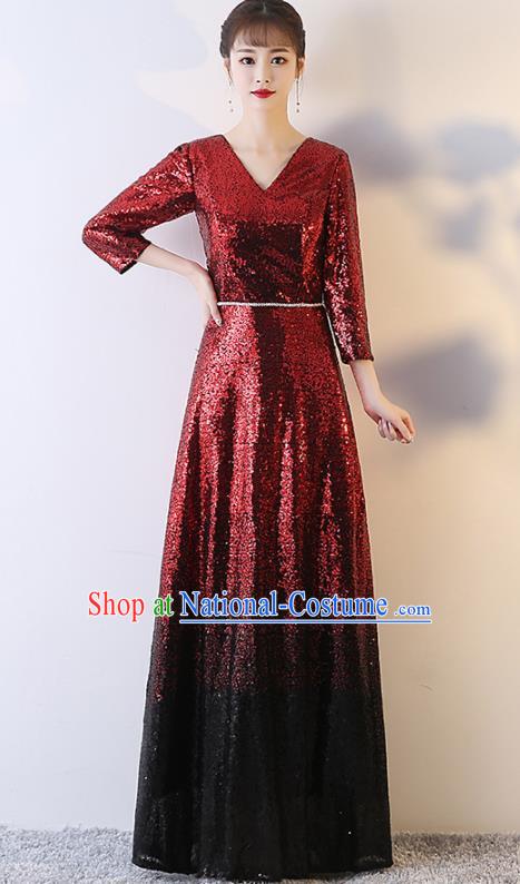 Top Grade Compere Wine Red Sequins Full Dress Annual Gala Stage Show Chorus Costume for Women