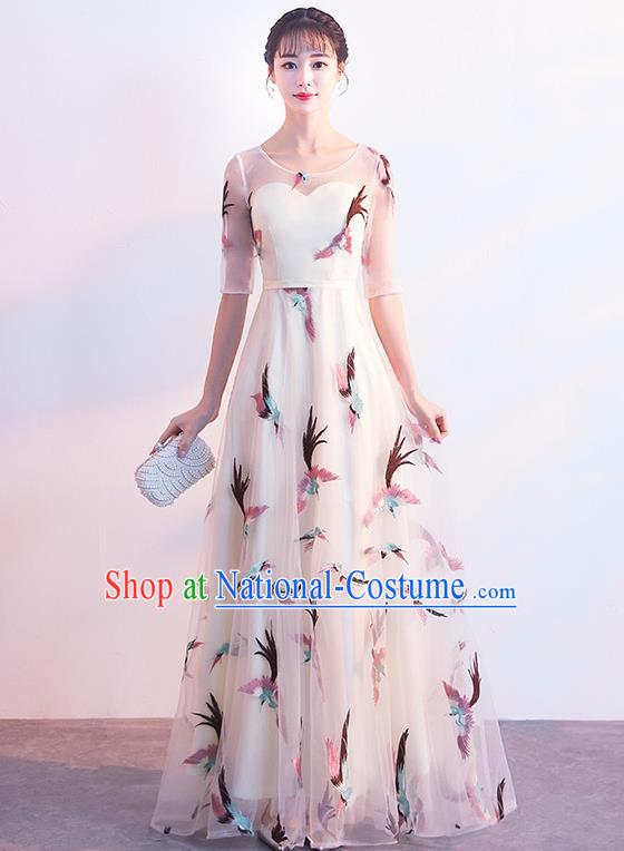 Top Grade Compere Printing Birds White Full Dress Annual Gala Stage Show Chorus Costume for Women