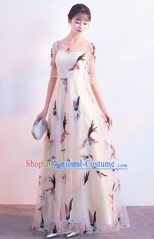 Top Grade Compere Printing Birds White Full Dress Annual Gala Stage Show Chorus Costume for Women