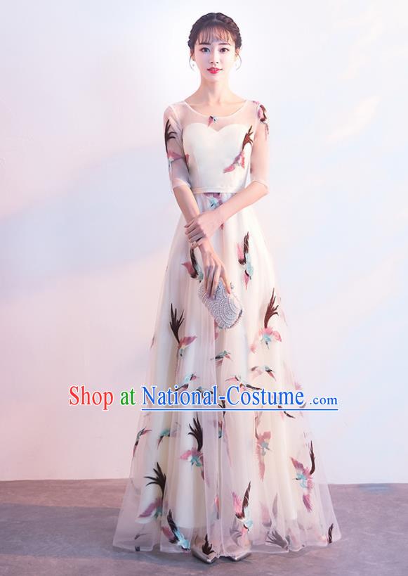 Top Grade Compere Printing Birds White Full Dress Annual Gala Stage Show Chorus Costume for Women