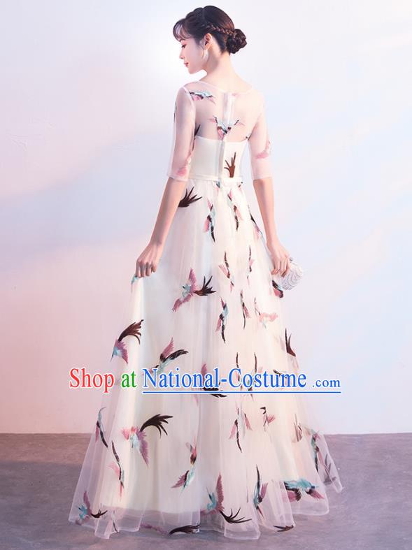 Top Grade Compere Printing Birds White Full Dress Annual Gala Stage Show Chorus Costume for Women