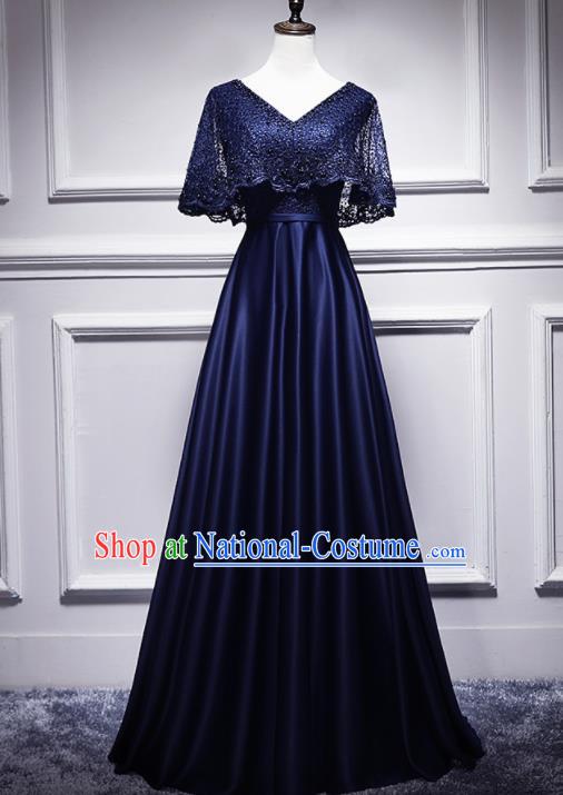 Top Grade Compere Navy Lace Satin Full Dress Annual Gala Stage Show Chorus Costume for Women