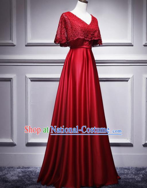 Top Grade Compere Red Lace Satin Full Dress Annual Gala Stage Show Chorus Costume for Women