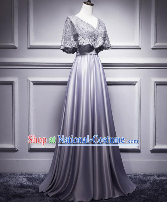 Top Grade Compere Grey Lace Satin Full Dress Annual Gala Stage Show Chorus Costume for Women