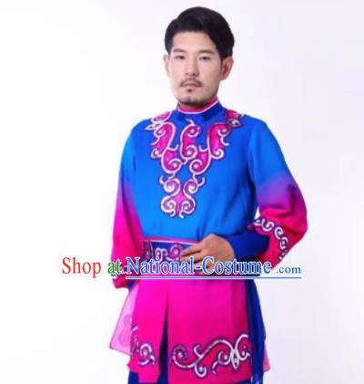 Chinese Traditional Uyghur Nationality Embroidered Blue Clothing Xinjiang Ethnic Folk Dance Costume for Men