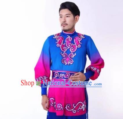 Chinese Traditional Uyghur Nationality Embroidered Blue Clothing Xinjiang Ethnic Folk Dance Costume for Men