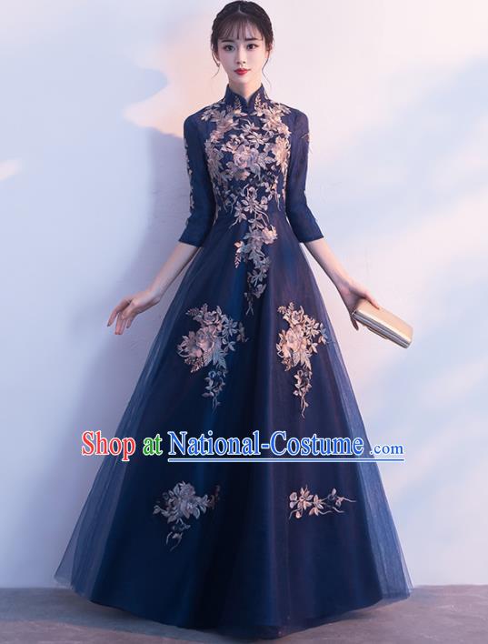 Top Grade Compere Embroidered Navy Veil Full Dress Annual Gala Stage Show Chorus Costume for Women