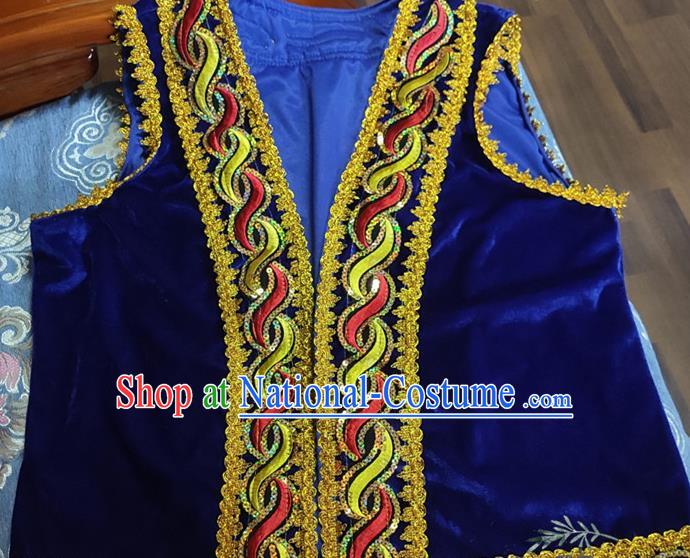 Chinese Traditional Uyghur Nationality Royalblue Vest Ethnic Folk Dance Stage Show Costume for Men