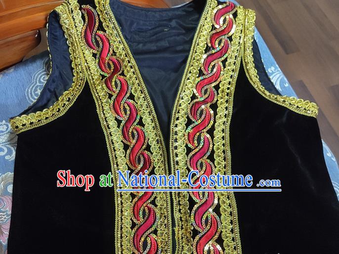 Chinese Traditional Uyghur Nationality Black Vest Ethnic Folk Dance Stage Show Costume for Men