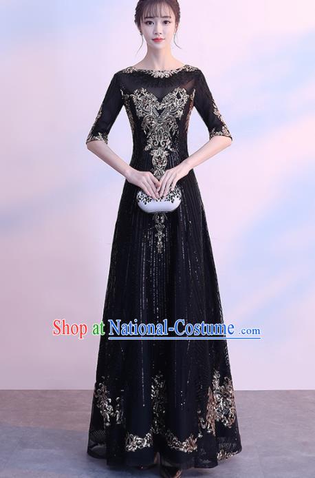 Top Grade Compere Embroidered Beads Black Full Dress Annual Gala Stage Show Chorus Costume for Women