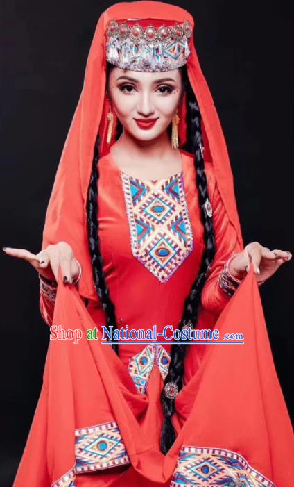 Chinese Traditional Tajik Nationality Dance Red Dress Xinjiang Ethnic Stage Show Costume for Women