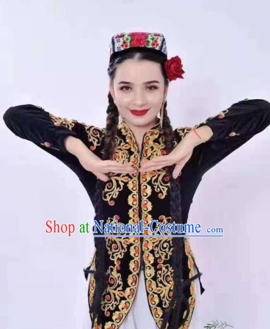 Chinese Traditional Uyghur Nationality Dance Embroidered Black Vest Xinjiang Ethnic Stage Show Costume for Women