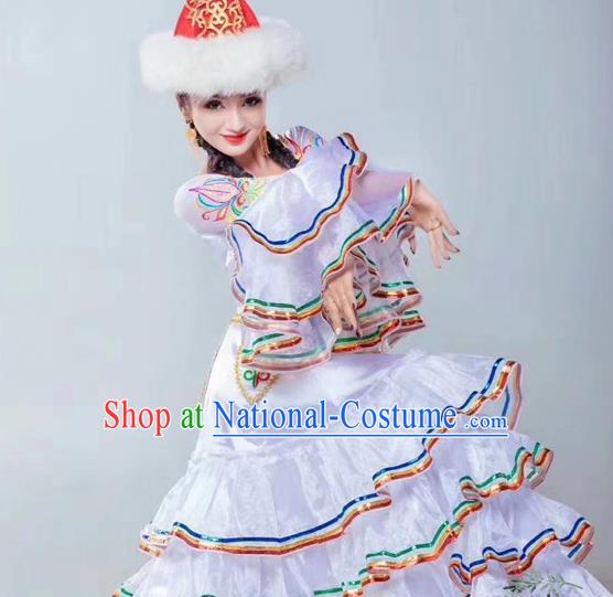 Chinese Traditional Tajik Nationality Dance White Dress Xinjiang Ethnic Stage Show Costume for Women