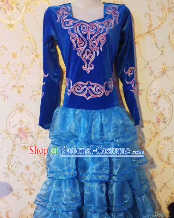 Chinese Traditional Kazak Nationality Dance Blue Dress Xinjiang Ethnic Stage Show Costume for Women