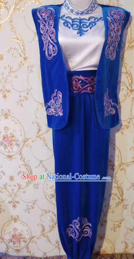 Chinese Traditional Kazak Nationality Blue Outfits Xinjiang Ethnic Folk Dance Stage Show Costume for Men