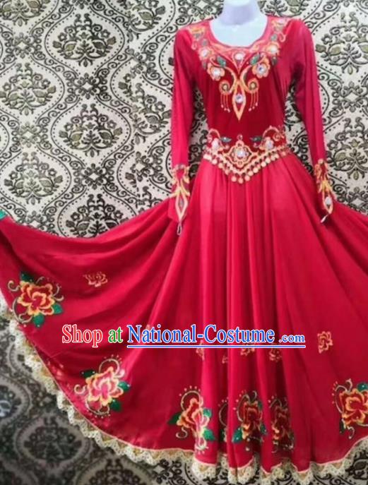 Chinese Traditional Uyghur Nationality Folk Dance Red Dress Xinjiang Ethnic Stage Show Costume for Women