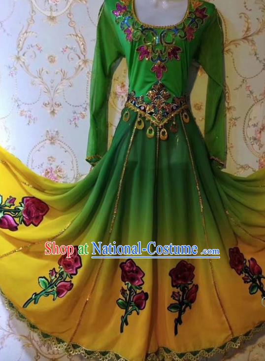 Chinese Traditional Uyghur Nationality Folk Dance Green Dress Xinjiang Ethnic Stage Show Costume for Women