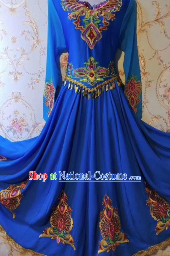 Chinese Traditional Uyghur Nationality Folk Dance Blue Dress Xinjiang Ethnic Stage Show Costume for Women