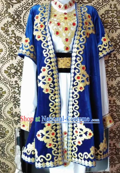 Chinese Traditional Uyghur Nationality Embroidered Blue Outfits Xinjiang Ethnic Folk Dance Stage Show Costume for Men