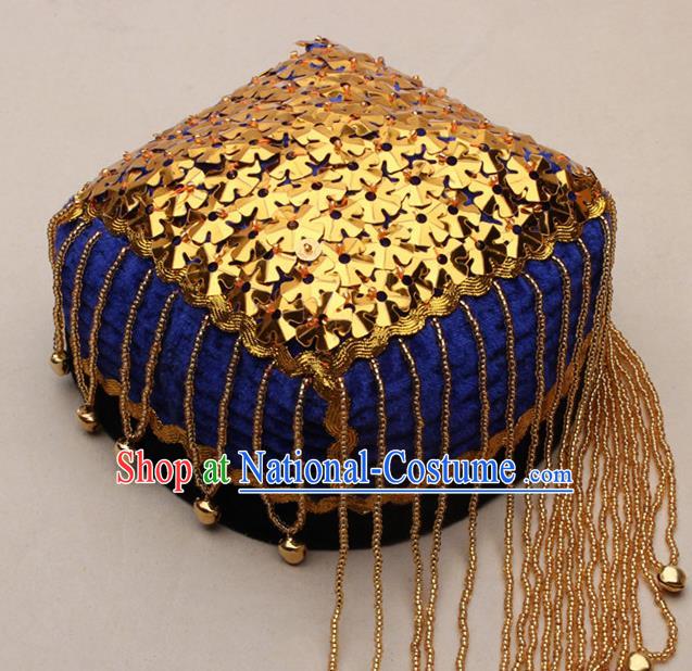 Chinese Traditional Uyghur Nationality Golden Sequins Tassel Blue Hat Ethnic Folk Dance Stage Show Headwear for Women