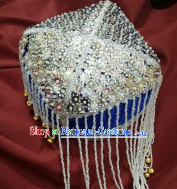 Chinese Traditional Uyghur Nationality Argent Sequins Tassel Blue Hat Ethnic Folk Dance Stage Show Headwear for Women