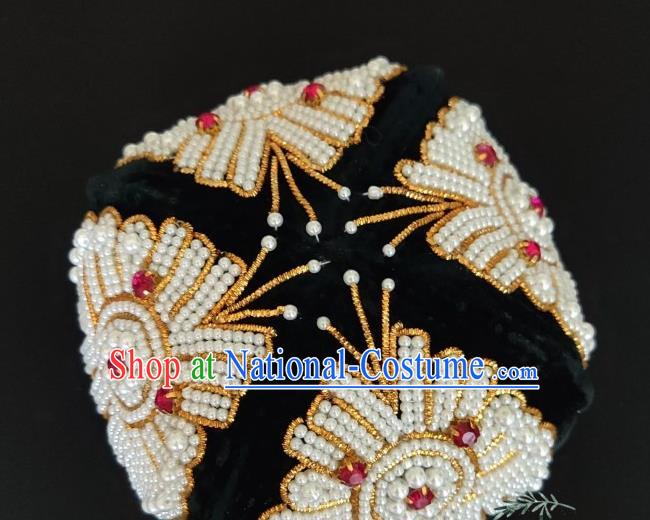 Chinese Traditional Uyghur Nationality Embroidered Beads Black Hat Ethnic Folk Dance Stage Show Headwear for Women