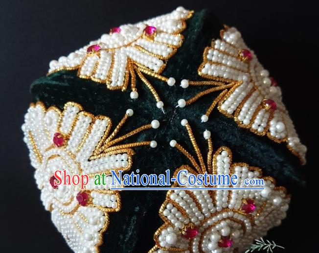 Chinese Traditional Uyghur Nationality Embroidered Beads Atrovirens Hat Ethnic Folk Dance Stage Show Headwear for Women