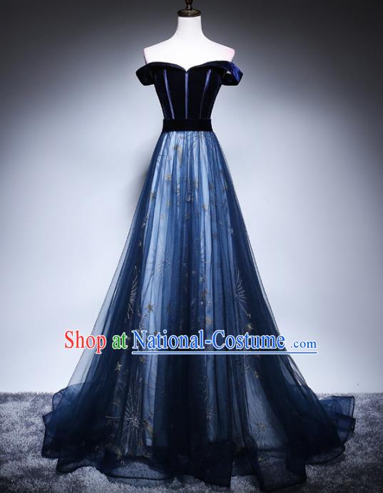 Top Grade Compere Navy Velvet Full Dress Annual Gala Stage Show Chorus Costume for Women