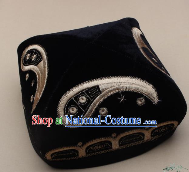 Chinese Traditional Uyghur Nationality Embroidered Black Velvet Hat Ethnic Xinjiang Folk Dance Stage Show Headwear for Men