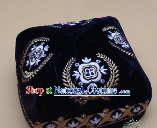 Chinese Traditional Uyghur Nationality Folk Dance Embroidered Navy Velvet Hat Ethnic Xinjiang Stage Show Headwear for Men