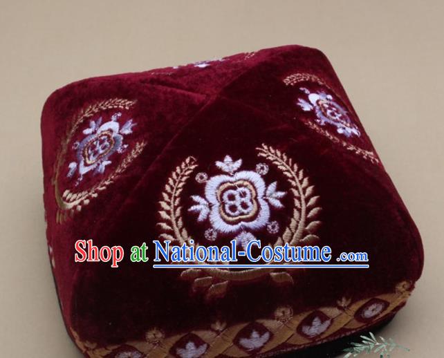 Chinese Traditional Uyghur Nationality Folk Dance Embroidered Wine Red Velvet Hat Ethnic Xinjiang Stage Show Headwear for Men