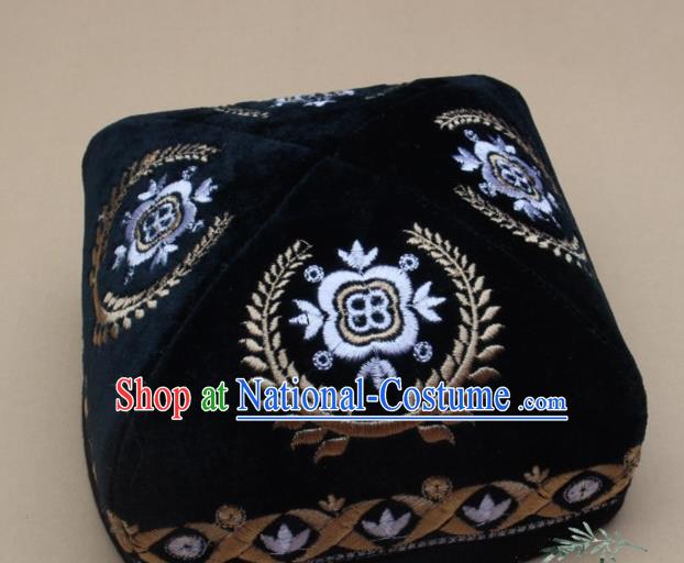 Chinese Traditional Uyghur Nationality Folk Dance Embroidered Atrovirens Velvet Hat Ethnic Xinjiang Stage Show Headwear for Men