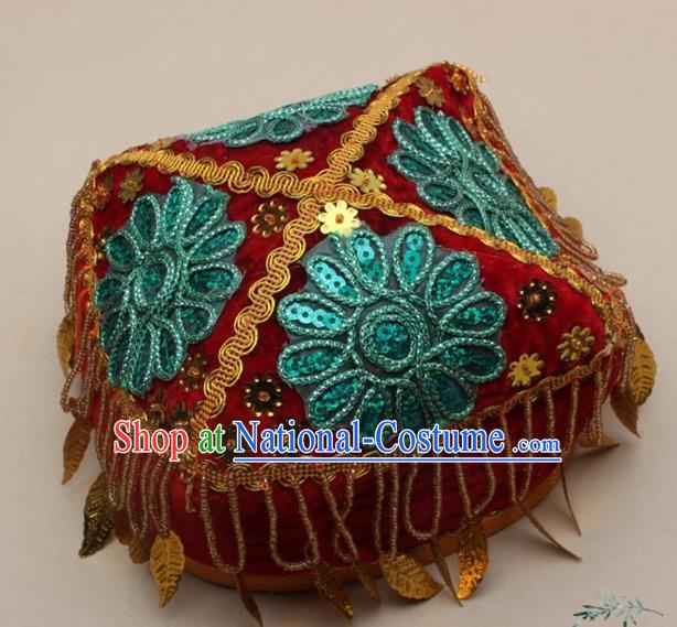 Chinese Traditional Uyghur Nationality Girls Embroidered Blue Flowers Hat Ethnic Folk Dance Stage Show Headwear for Kids