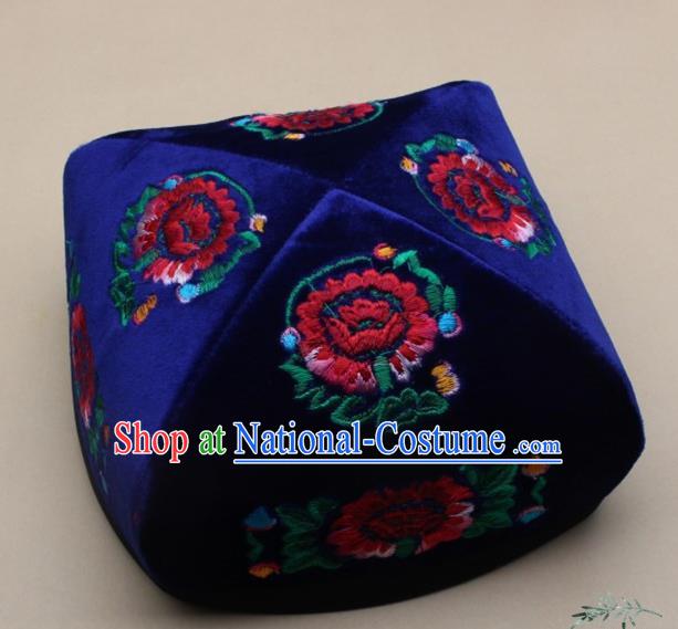 Chinese Traditional Uyghur Nationality Embroidered Royalblue Velvet Hat Ethnic Xinjiang Folk Dance Stage Show Headwear for Men