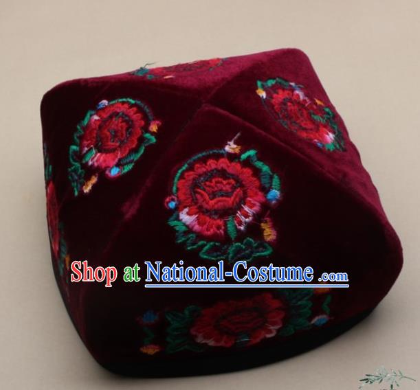 Chinese Traditional Uyghur Nationality Embroidered Wine Red Velvet Hat Ethnic Xinjiang Folk Dance Stage Show Headwear for Men