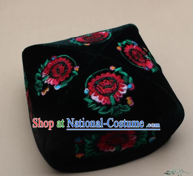 Chinese Traditional Uyghur Nationality Embroidered Black Velvet Hat Ethnic Xinjiang Folk Dance Stage Show Headwear for Men