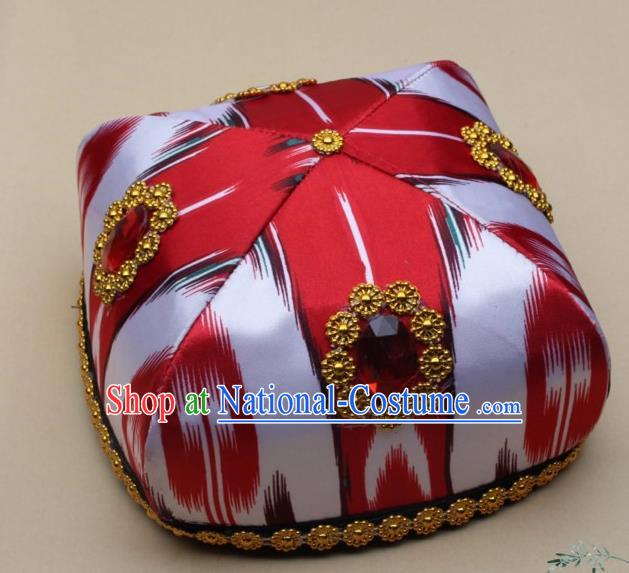 Chinese Traditional Uyghur Nationality Girls Red Ribbon Hat Ethnic Folk Dance Stage Show Headwear for Kids