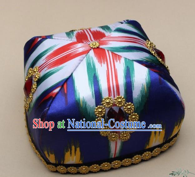 Chinese Traditional Uyghur Nationality Girls Royalblue Ribbon Hat Ethnic Folk Dance Stage Show Headwear for Kids