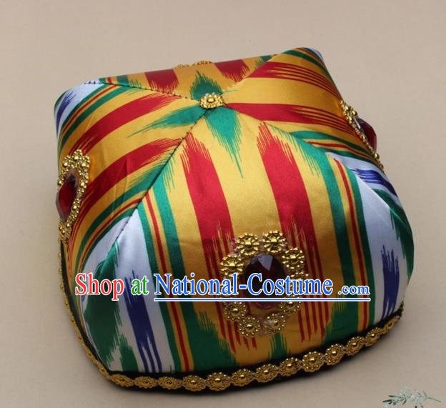 Chinese Traditional Uyghur Nationality Girls Yellow Ribbon Hat Ethnic Folk Dance Stage Show Headwear for Kids