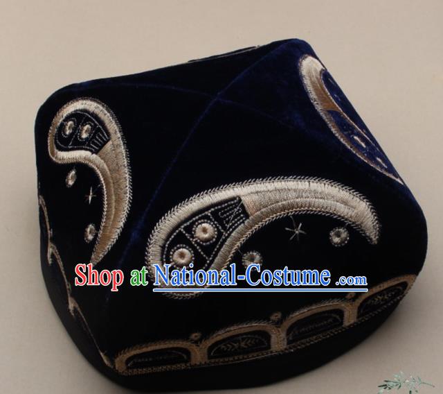 Chinese Traditional Uyghur Nationality Embroidered Navy Velvet Hat Ethnic Xinjiang Folk Dance Stage Show Headwear for Men