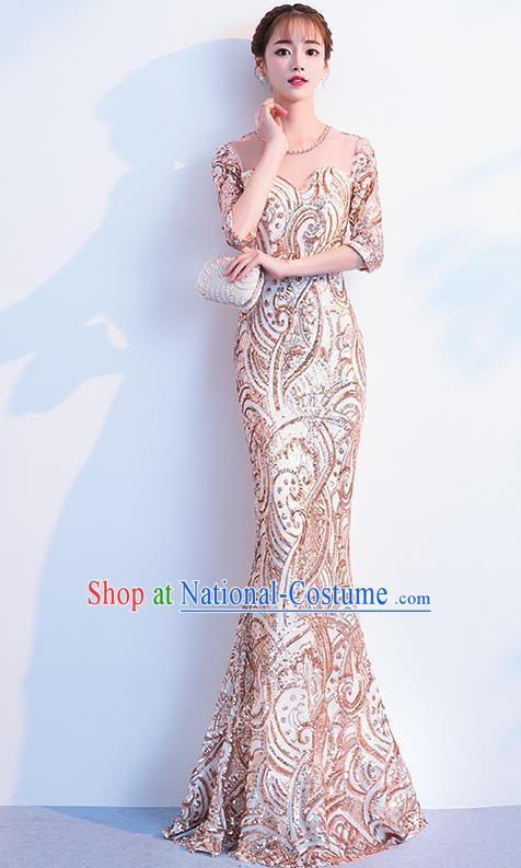 Top Grade Compere Golden Full Dress Annual Gala Stage Show Costume for Women