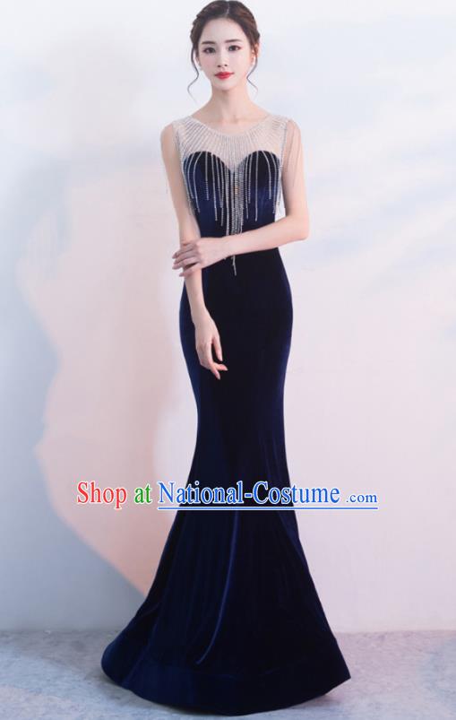 Top Grade Compere Royalblue Velvet Full Dress Annual Gala Stage Show Costume for Women