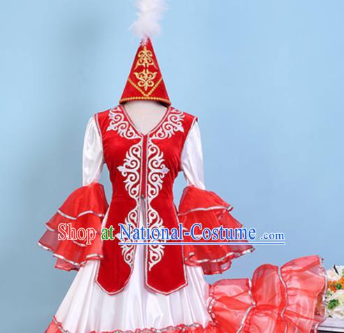 Chinese Traditional Xinjiang Kazak Nationality Embroidered Dress Ethnic Folk Dance Costume for Women