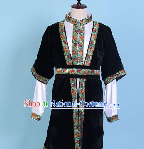 Chinese Traditional Kazak Nationality Embroidered Black Clothing Xinjiang Ethnic Folk Dance Costume for Men