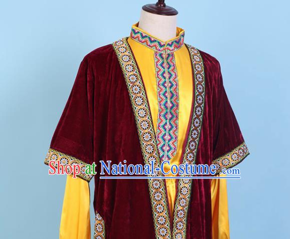 Chinese Traditional Kazak Nationality Embroidered Wine Red Clothing Xinjiang Ethnic Folk Dance Costume for Men